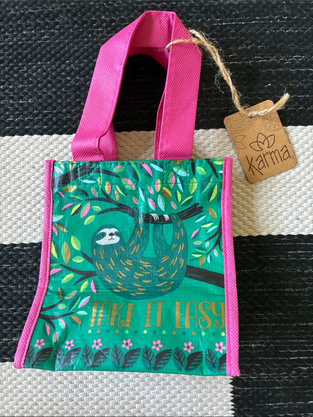 Karma Teal Tote with Pink Handles - Sloth 'Take It Easy' Graphic
